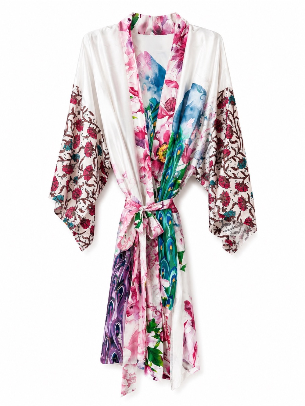 Floral Satin Kimono Robe in Pink & Multicolor